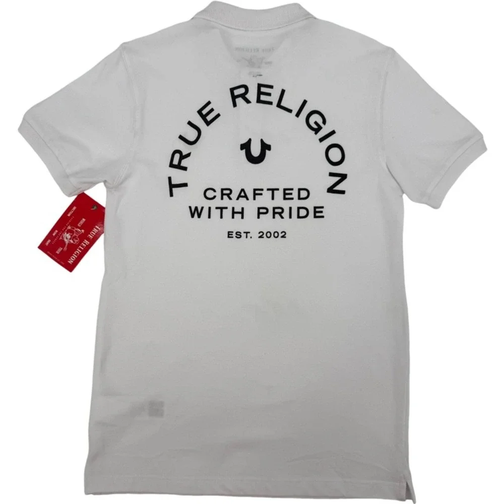 TRUE RELIGION NEW Small Polo Shirt White Graphic Logo Crafted With Pride Y2K